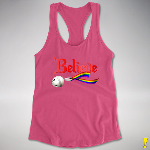 Believe Progress Pride LGBTQ Jingle Bell Racerback Tank - Hot Pink
